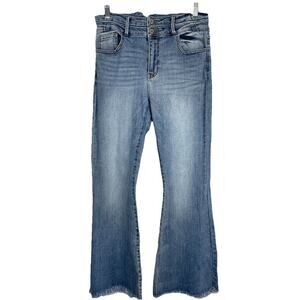 Kancan High Rise Super Flare Jean Size 30 Blue Raw Hem Stretch Boho Hippie